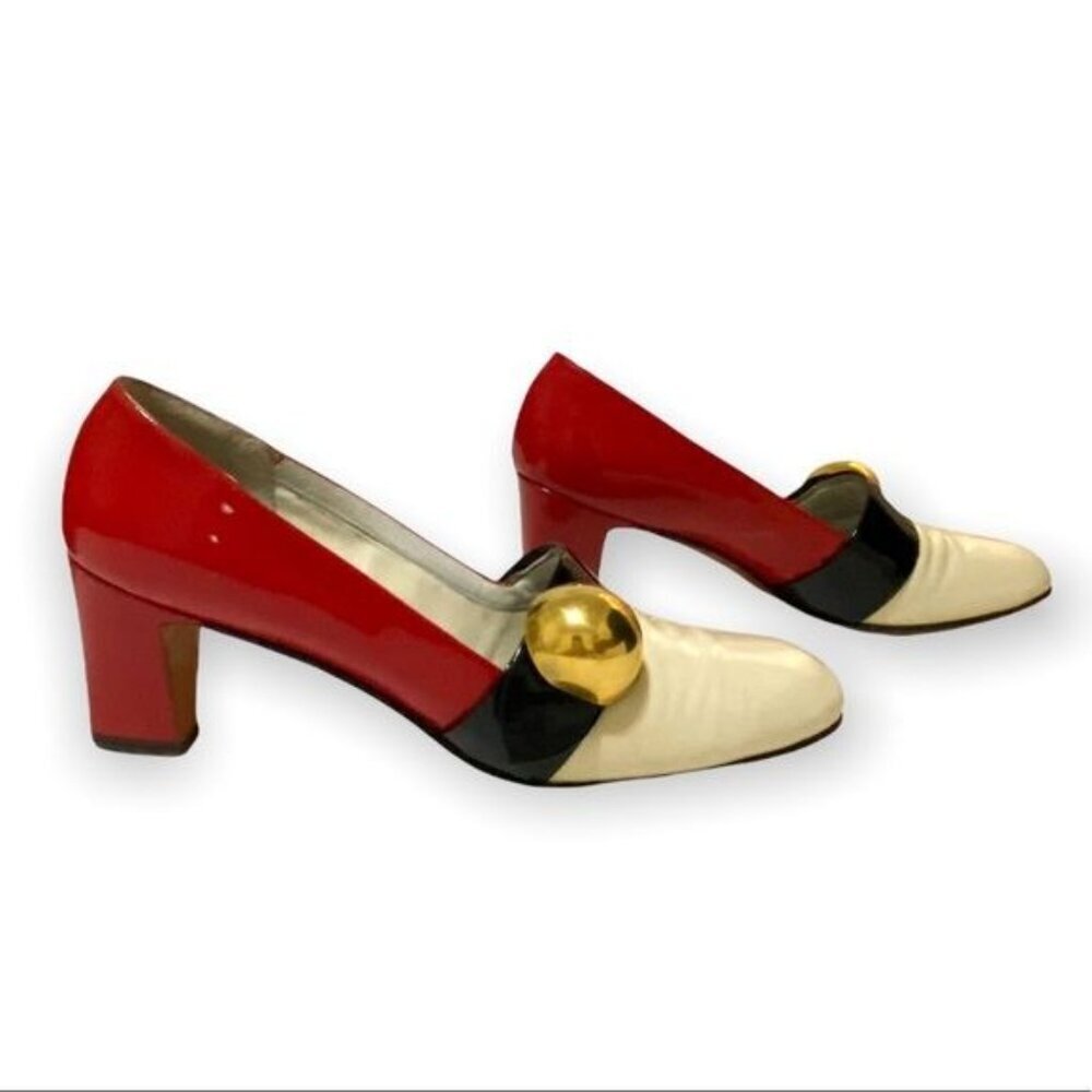 Vintage 1960s Herbert Levine Mod Patent Color Block Pumps Gold Orb Original Box - Picture 5 of 16